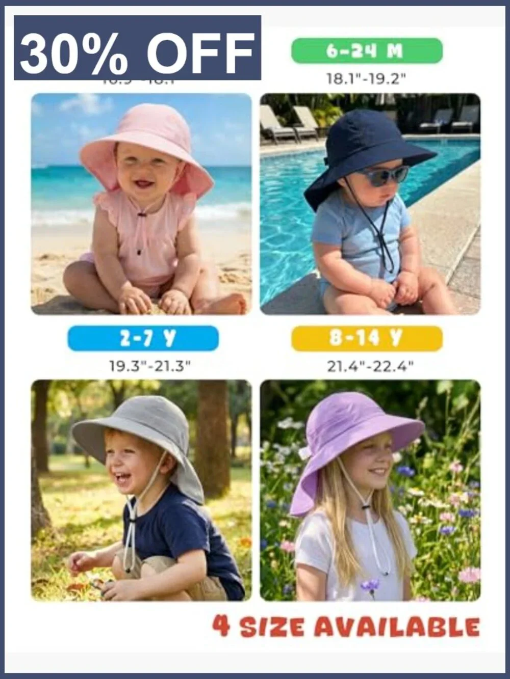 Toddler Sun Hat with Wide Brim & Neck Flap, Adjustable Bucket Hat for Kids,